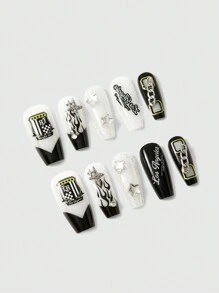 ROMWE 10pcs Long Artificial Nails, Handmade & Reusable, With Jelly Glue Included - Multicolor - View 2