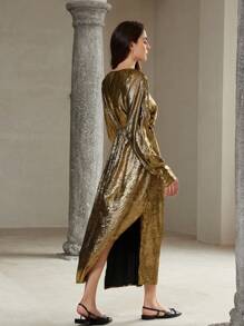 Chiquease Vestido largo con mangas tipo murciélago que ceñe la cintura, de tela y metal elegante y de lujo - Dorado - Ver 2