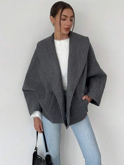 Aloruh 新品灰色优雅翻领大衣，秋冬保暖