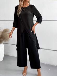 EMERY ROSE 2pcs Halloween Outfit - Black 3/4 Sleeve Shirt And Elastic Waist Pants Set - Black - View 5