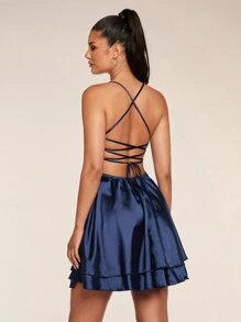 Glamine 女士纯色细肩带露背分层无袖迷你连衣裙