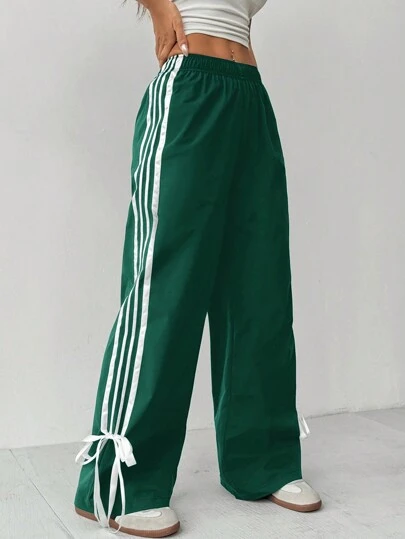 SHEIN PETITE 女士松紧腰侧条纹阔腿宽松休闲裤