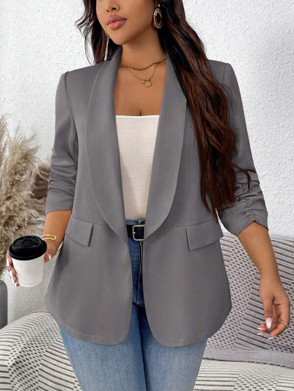 SHEIN LUNE Plus Size Women Wiosna/Jesień Jednolity Kolor Kołnierz Szal Plisowana Elegancka Kurtka Żakietowa