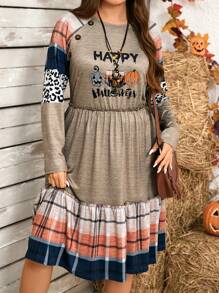 Plus Size Women's Spring Autumn Halloween Slogan Plaid Print Lantern Sleeve Casual Dress Fall Cloth For Women - Multicolor - View 3
