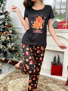 Gingerbread Man Cartoon Christmas Print Women Pajama Set - Black - View 7