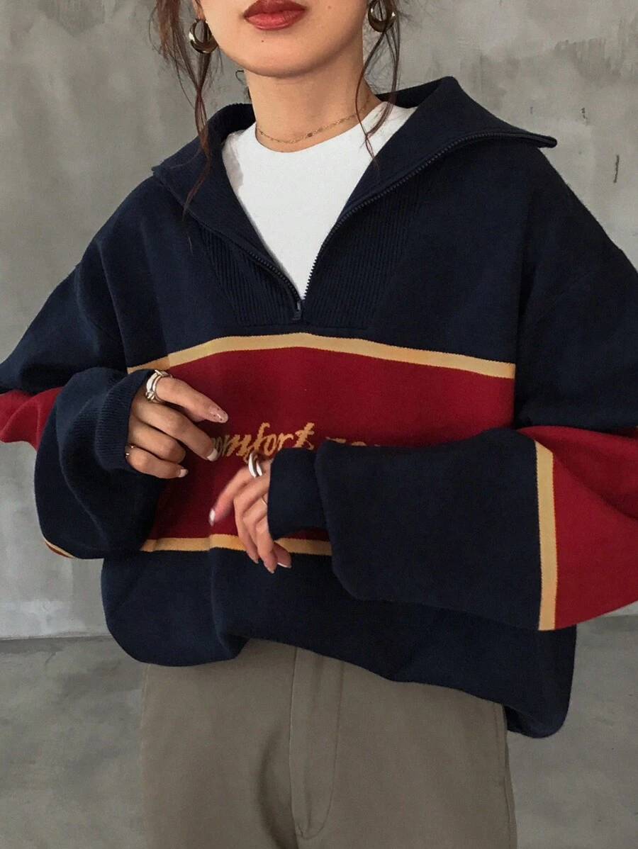 FRIFUL Women Contrast Color Letter Fleeced Loose Sweater,Fall Women Clothes,Winter