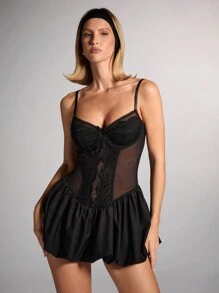 SHEIN BAE 女式芭蕾舞裙圆领无袖优雅迷你连衣裙、黑色返校节礼服、返校节礼服、短礼服、黑色迷你连衣裙、短礼服、万圣节服装、万圣节礼服、海盗礼服、吸血鬼礼服、猫女服装 - 黑色 - 查看 4