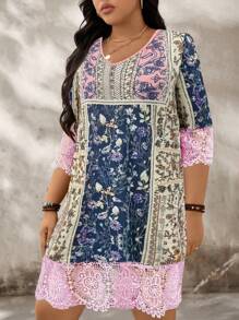 Váy cổ chữ V in hoa thanh lịch cỡ lớn - Nhiều màu - Xem 3