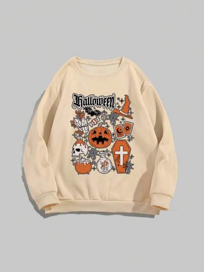 Plus Size Halloween Pumpkin & Skull Print Pullover Sweatshirt