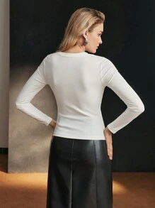 MOTF PREMIUM TEXTURED BEADED DETAIL LONG SLEEVE SLIM FIT TEE - White - View 6