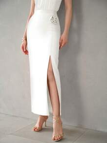 MOTF PREMIUM STEREO FLOWER DETAIL SPLIT THIGH LONG SKIRT - White - View 1