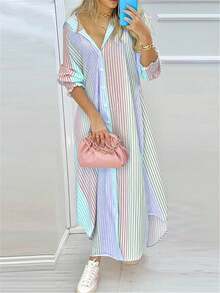 Áo sơ mi tay cánh hoa in sọc Fashion Me, chất liệu sợi polyester, dáng ôm, màu xanh dương, thích hợp mặc đi làm, mùa xuân hè, kiểu dáng bất đối xứng, thanh lịch. - Màu xanh lam - Xem 3