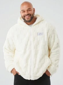 Manfinity VCAY Men's Plus Size Patch Letter Print Fluffy Hooded Casual Jacket, Autumn/Winter - White - View 2