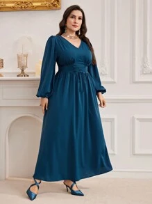 Modelyn Đầm dạ hội dài tay cổ chữ V tay đèn lồng buộc eo phong cách Ả Rập cỡ lớn - Màu xanh hải quân - Xem 5