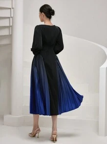 Modelyn Women's Elegant Contrast Color Pleated Sweetheart Neck Long Sleeve Dress Long Evening Dresses - Black - View 2