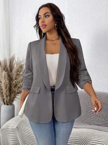 SHEIN LUNE Plus Size Women Spring/Autumn Solid Color Shawl Collar Pleated Elegant Blazer Jacket Winter Fall