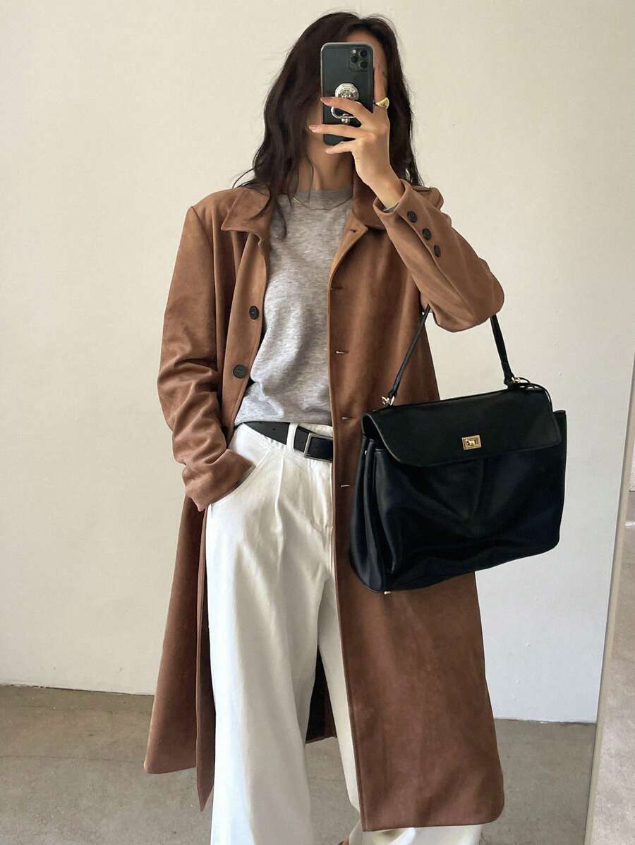 DAZY 女士麂皮绒直筒长款夹克女式外套 - 棕色 - 查看 1