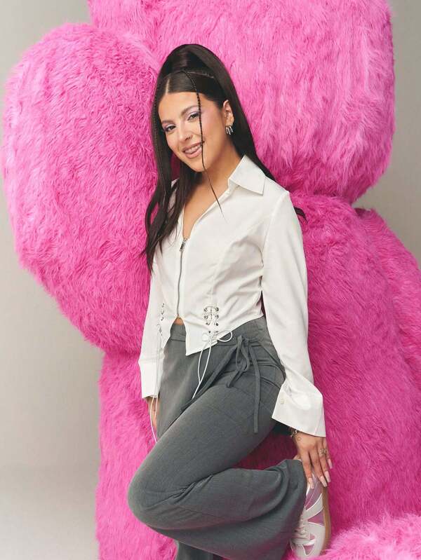 SHEIN X  Ignacia Antonia Aveloria Affinna Camisa de manga corta con botones y cintura anudada de unicolor para mujer, primavera y verano