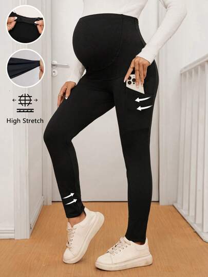 SHEIN Maternity Solid Color Adjustable Waist Pockets Casual Leggings