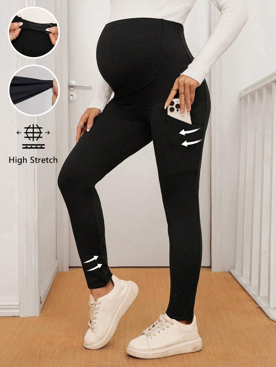 SHEIN Maternity Solid Color Adjustable Waist Pockets Casual Leggings - Black - View 1