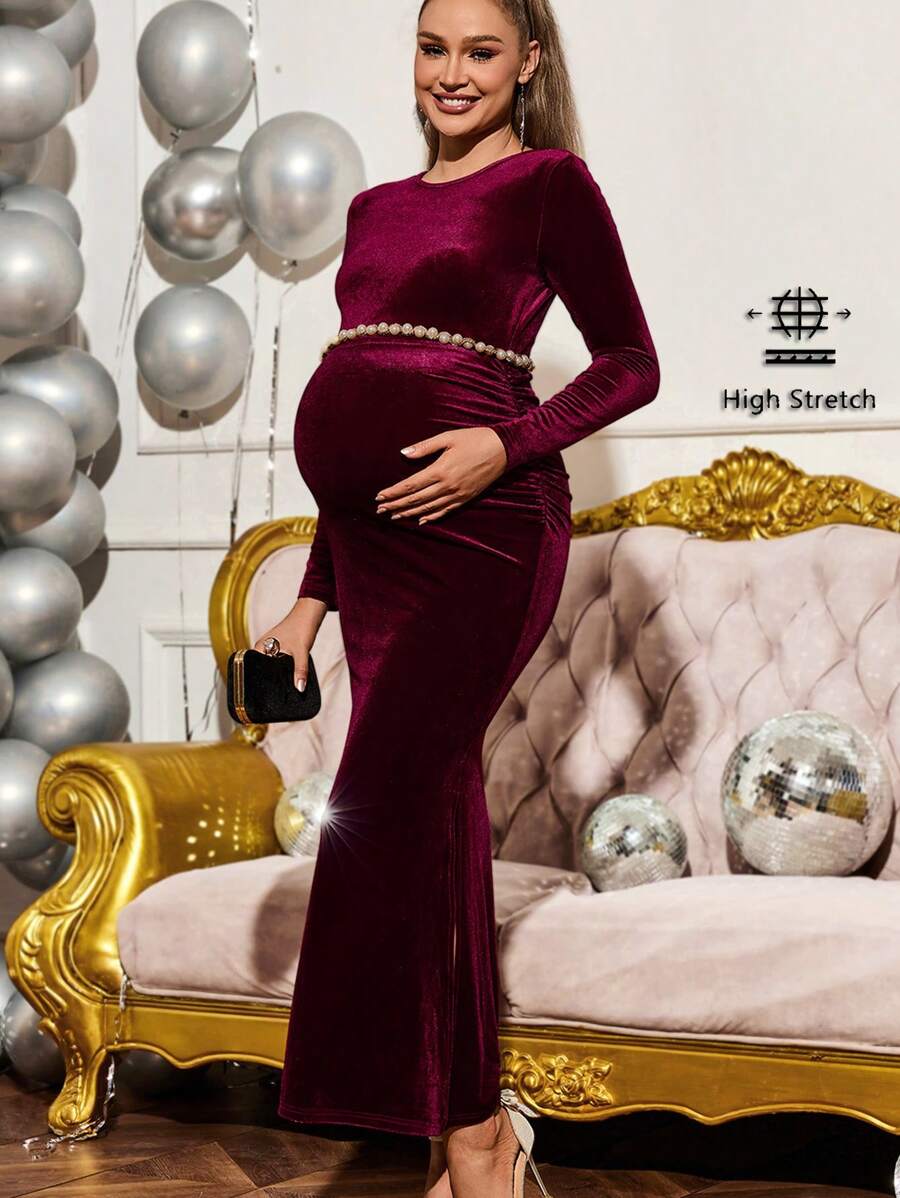 Loomaby 性别揭示长袖连衣裙孕妇复古优雅天鹅绒侧开叉鱼尾紧身连衣裙，派对孕妇装 - 酒紅色 - 查看 1
