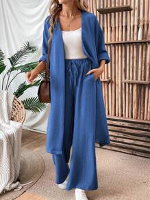 Chiquease 2 件套女士休闲宽松亚麻长款开衫和裤子套装，秋季 - 藍色 - 查看 6