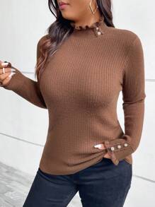 SHEIN Clasi Plus Size Women's Plain Long Sleeve Frill Trim Slim Fit Sweater Fuzzy, Thermal, Teddy, Fleece, Fall Clothes Commute, Minimalist, Office Wear, Old Money, Simple, Super Warm And Soft!