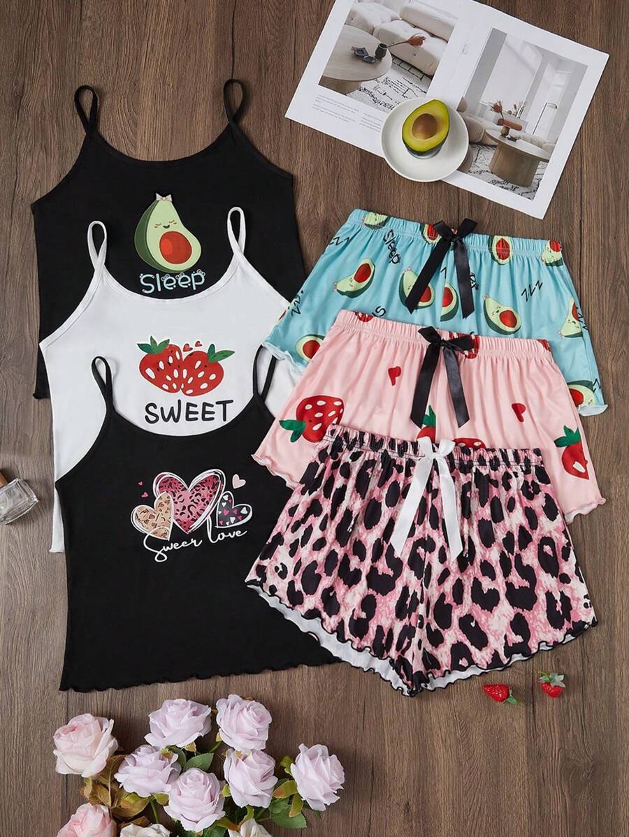 SweetSlumber 3pcs/Set Cartoon Print Camisole & Shorts Pajama Set - Multicolor - View 1