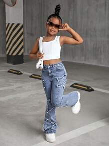 SHEIN Jeans acampanados de denim con patrón de estrellas lavado a piedra y deshilachados para niñas preadolescentes, conjunto de ropa de otoño y atuendos de homecoming para niñas preadolescentes