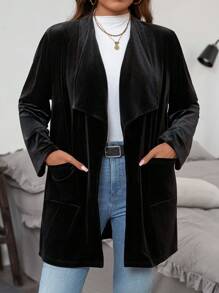 SHEIN LUNE Plus Size Autumn Jacket With Large Lapel, Front Opening And Dual Pockets - Black - View 3