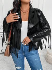 SHEIN LUNE Plus Size Plain Color Fringe Hem Zipper Long Sleeve Jacket, For Winter Fall Autumn - Black - View 1