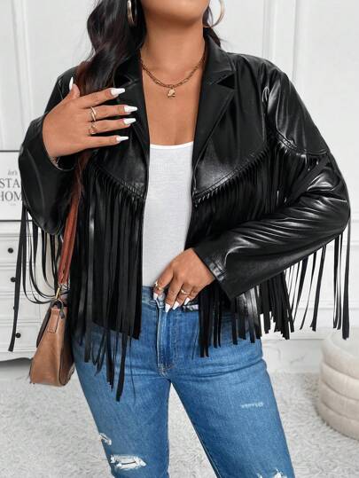 SHEIN LUNE Plus Size Plain Color Fringe Hem Zipper Long Sleeve Jacket, For Winter Fall Autumn