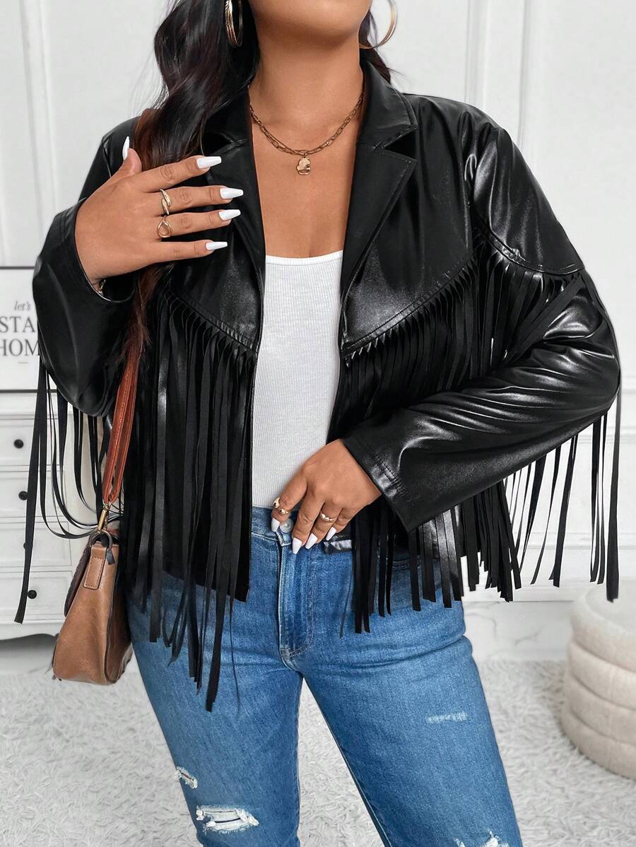 SHEIN LUNE Plus Size Plain Color Fringe Hem Zipper Long Sleeve Jacket, For Winter Fall Autumn - Black - View 1