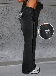 SHEIN ICON Damskie spodnie jeansowe z haftem Wing Washed Casual Flare - Czarne - Zobacz 3