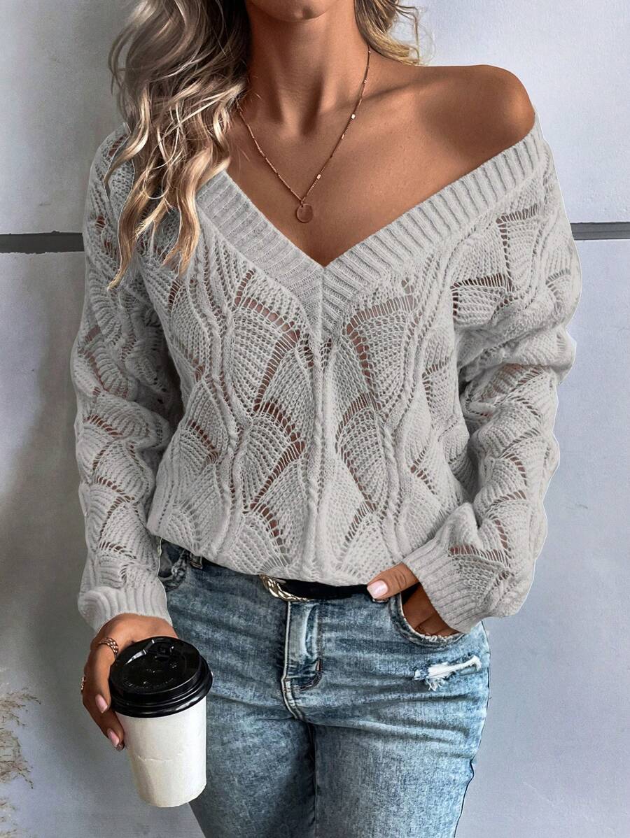 SHEIN LUNE Áo len dệt kim khoét lỗ màu trơn thường ngày, mùa thu - Xám - Xem 1
