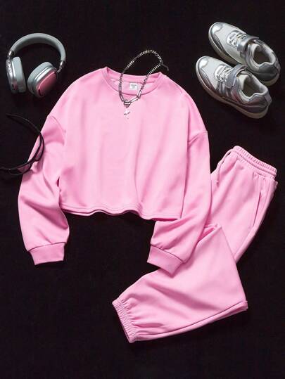 Coolane Kids Conjunto de sudadera corta y pantalón de chándal de fútbol en color rosa intenso para uso diario de niñas preadolescentes para el Día de Acción de Gracias, otoño/invierno