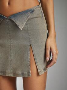 Denimoi Distressed Denim Mini Skirt With Inverted V Waist And Front Slits - Light Wash - View 5