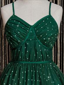 SHEIN 优雅的波尔卡圆点薄纱细肩带 A 字裙，适合青少年，适合婚礼、正式活动、生日、万圣节、圣诞节、复活节等 - 紫色 - 查看 3