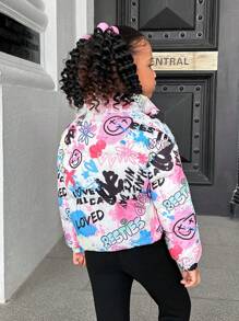 SHEIN Leap Crew Young Girl Woven Loose Casual Short Padded Coat With Geometric & Graffiti Print