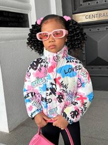 SHEIN Leap Crew Young Girl Woven Loose Casual Short Padded Coat With Geometric & Graffiti Print