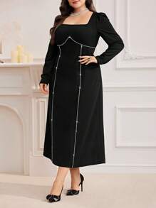 Modelyn Vestido de unicolor con cuello cuadrado, manga abullonada y decoración de rhinestones para mujer talla grande, primavera y otoño