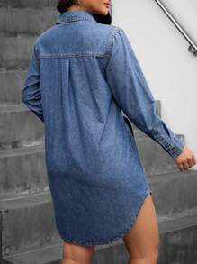 SHEIN Essnce Sukienka damska z długim rękawem i guzikami z przodu i kieszenią w jednolitym kolorze z dżinsu - Średni jeans - Zobacz 2