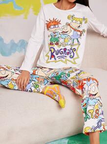 Nick 90s X SHEIN Conjunto de pijama con top y pantalones con estampado de dibujos animados para mujer