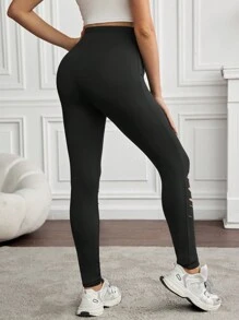SHEIN Maternity Solid Color Hollow-Out High Waist Leggings - Black - View 2