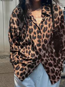 DAZY 女士豹纹长袖宽松休闲衬衫，春秋装，秋季女装 - 棕色 - 查看 4