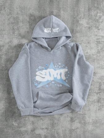 Manfinity EMRG Loose Men's Slogan & Cartoon Graphic Drop Shoulder Hoodie, Grey Graphic Hoodie, Summer Hoodie