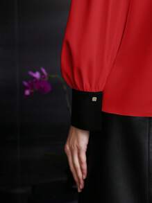 MOTF PREMIUM 拼色灯笼袖衬衫 - 紅色 - 查看 5