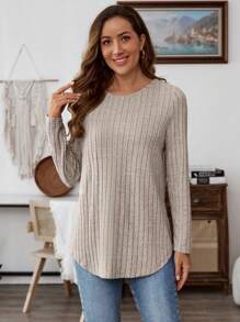 EMERY ROSE 女式纯色圆领长袖休闲 T 恤，后背纽扣设计，春/秋 - 杏色 - 查看 5