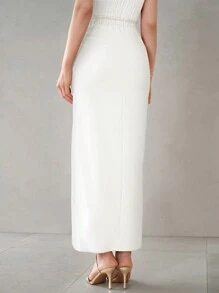 MOTF PREMIUM STEREO FLOWER DETAIL SPLIT THIGH LONG SKIRT - White - View 7