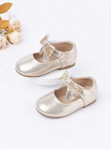 1 双女婴金属蝴蝶结钩环平底鞋，全年百搭 - 金色 - 查看 5